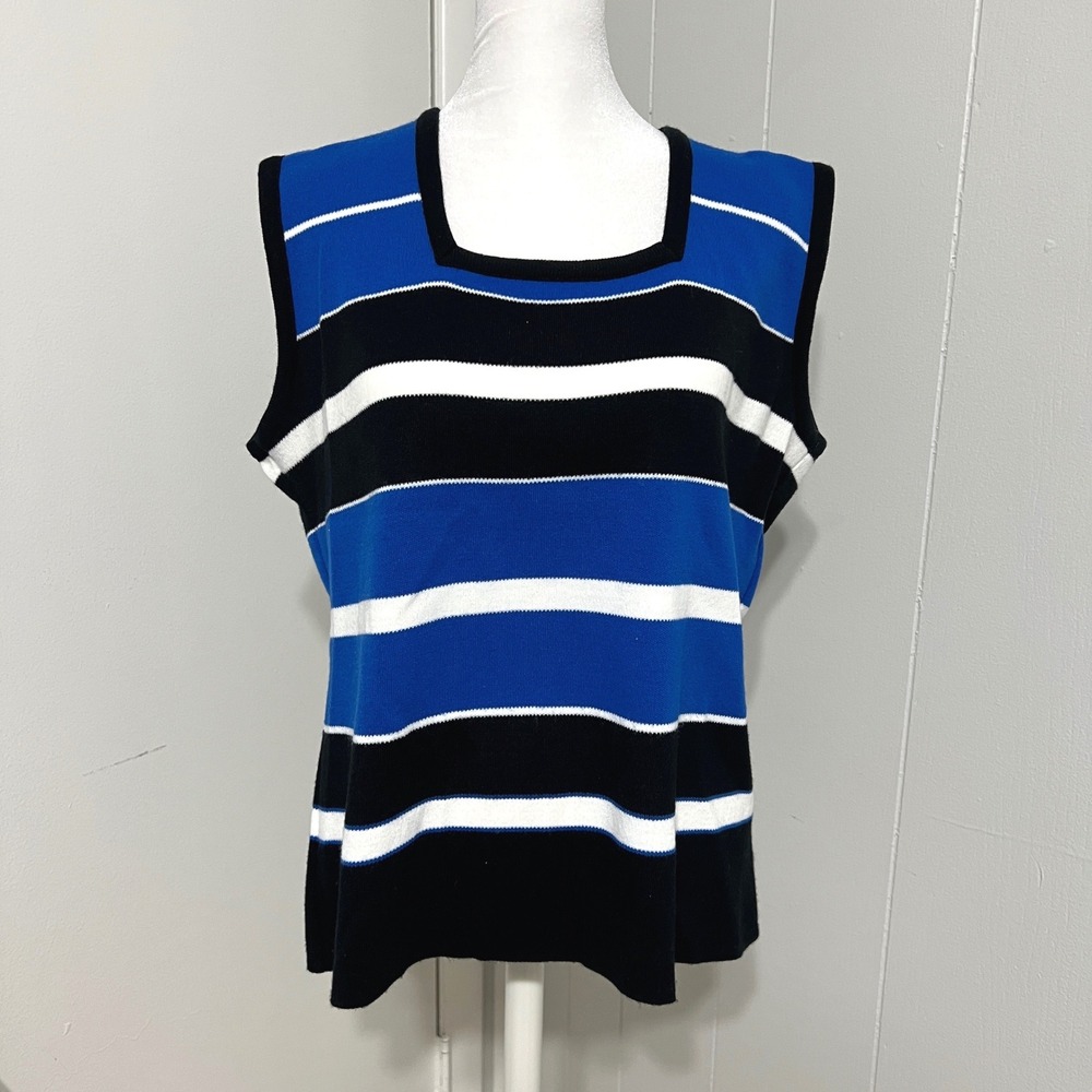 Prosperity Knit Womens Striped Tank Top Size L Blue Black White Sleeveless Retro